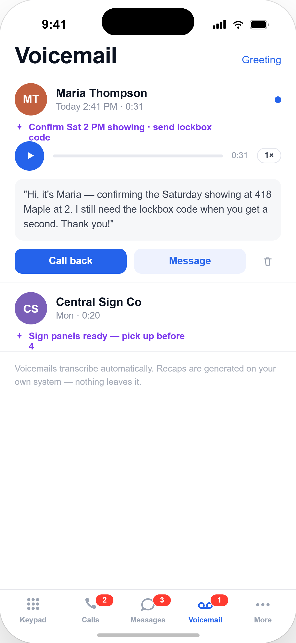 SmarterTel Connect — voicemail with AI recap