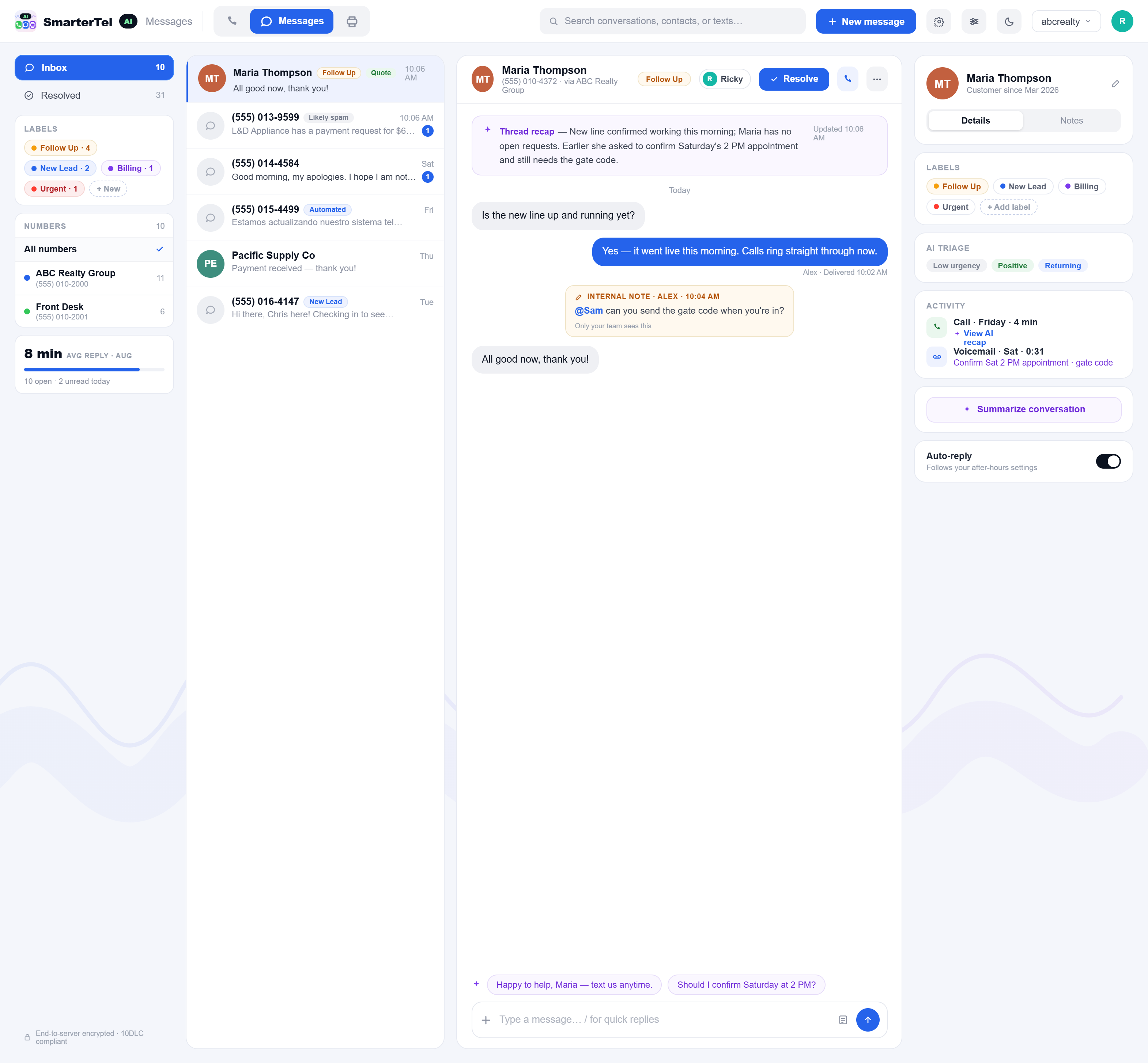 SmarterTel Messages shared team inbox